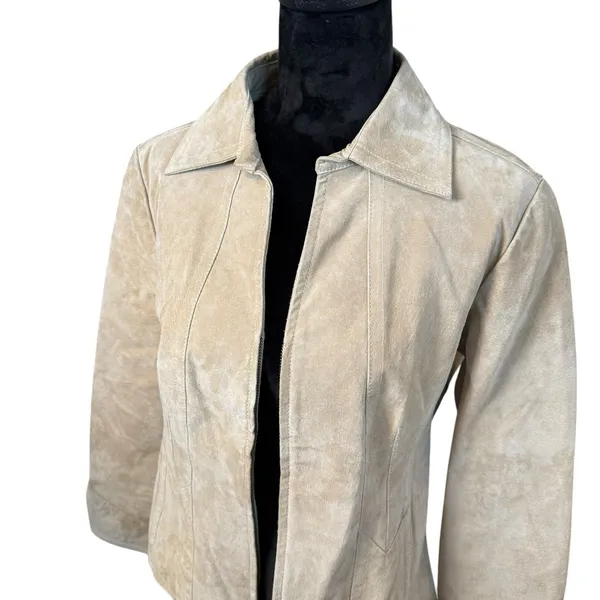 AMI Womens Genuine Suede Leather Jacket Large Tan Full Zip Pockets Lined Neutral - Image 3