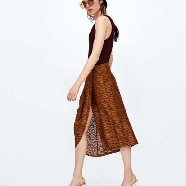 Zara Faux Wrap Wavy Abstract Textured Jacquard Midi Skirt Brown Fall Earthy Sz L - Image 3