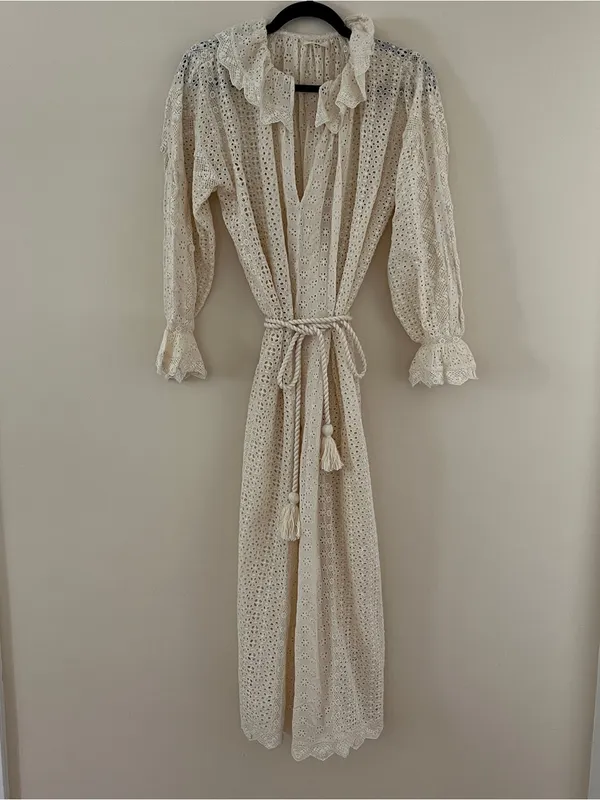 Doen Persephone Cream Eyelet Midi Dress with Tassel Belt in Magnolia NWT sz XXS - Image 10