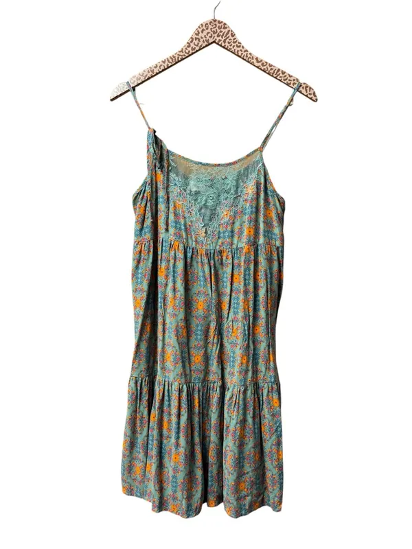 Natural Life Sleeveless Lace Inset Tiered Mini Dress Floral Teal Orange Medium - Image 2