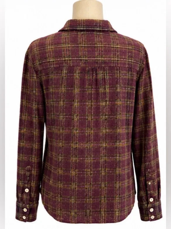 Faherty Plaid Wool Blend Popover Shirt M Burgundy Olive Long Sleeve - Image 3