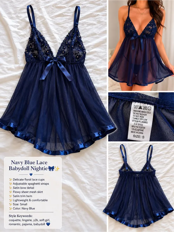 Navy Blue Lace Babydoll Nightie with Satin Bow - Image 2