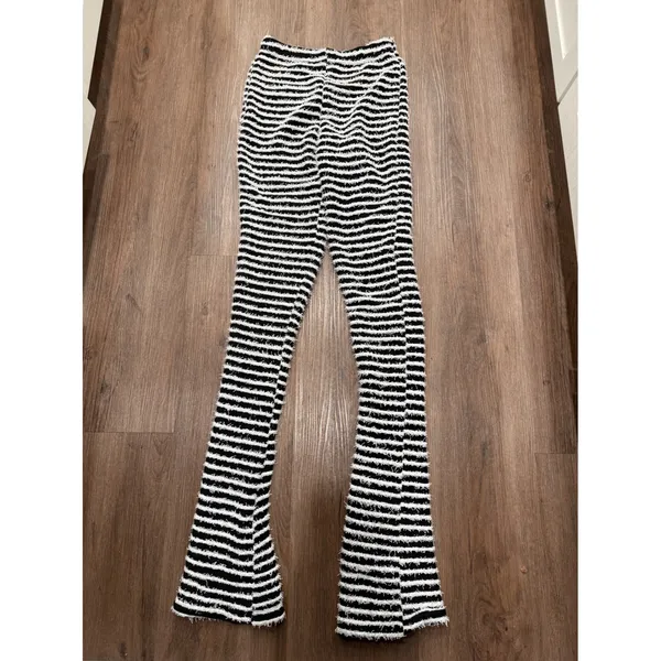 Black White Stripe Flare‎ Leg Pants High Waist Textured Knit Size M - Image 3