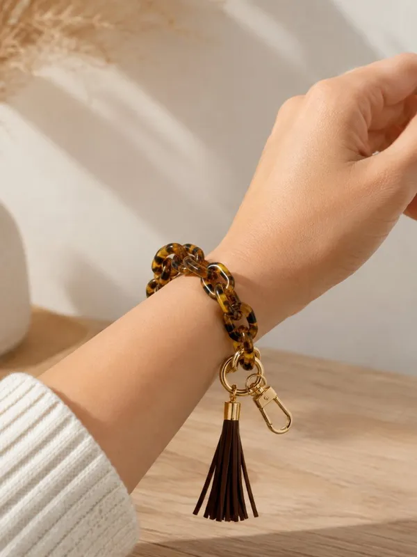 Tortoise Shell Acrylic Key Ring Bracelet Wristlet Tassel Brown Gold NWT - Image 2