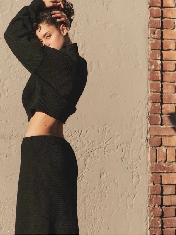 FP Beach Free People Hailee Cropped Mock Neck Sweater Chunky Knit Black Size XS - Image 2