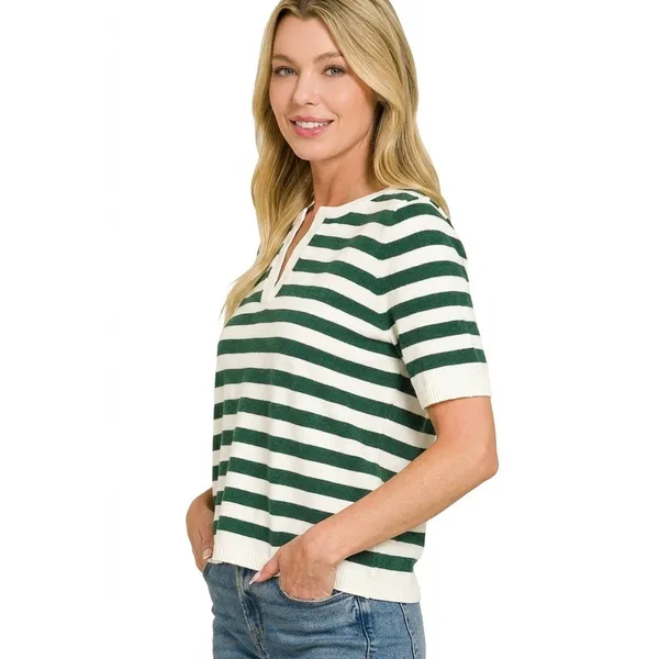 Zenana Split Neck Stripe Short Sleeve Sweater - Hunter Green‎ - Medium - Image 2