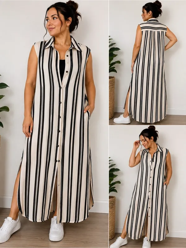 H&M Black & Cream Sleeveless Button-Front Striped Maxi Dress - Image 2