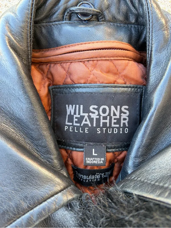 Wilsons Leather Mid length black 100% leather belted jacket removable lining Lg - Image 3