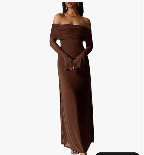 off shoulder body con maxi dress Brown Size M - Image 2