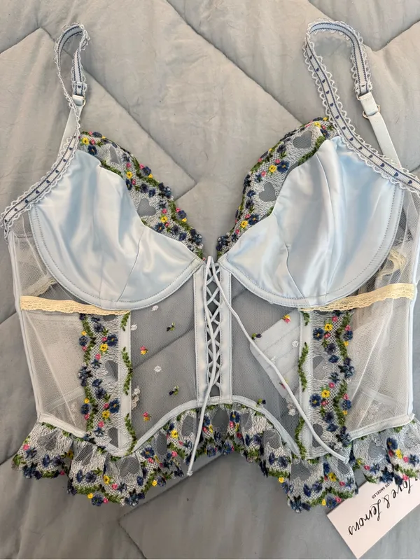 For Love & Lemons Baby Blue Floral Embroidered Longline Bustier - Image 2