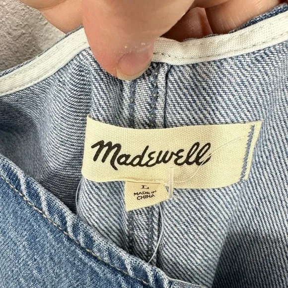 Madewell Denim Pinafore Dress Blue‎ Wash Sleeveless Side Zip Pockets Size L - Image 8