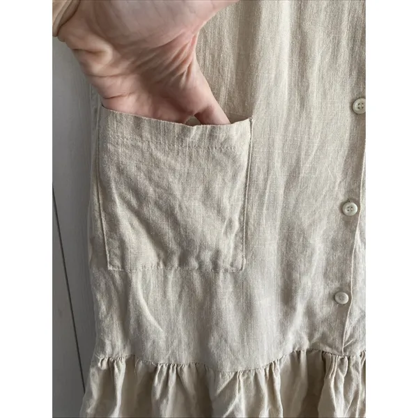 Darphin Ruffle Hem Shirt Dress Womens Size L Tan Linen Blend Button Front Mini - Image 5
