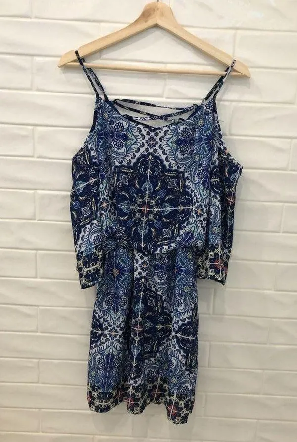Bisou Bisou Michele Bohbot Blue Print Dress Cold Shoulder Blouson Mini dress - Image 4