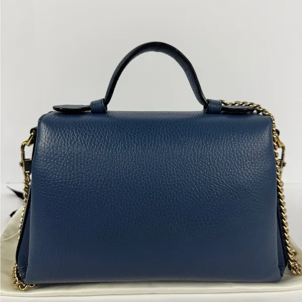 Gucci GG Interlocking Navy Leather Satchel with Gold Chain Made in Italy - Image 3