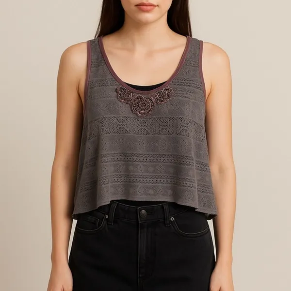 Vintage Free People Cropped Floral Laser-Cut Lace Lagenlook Tank Size XS Purple - Image 10