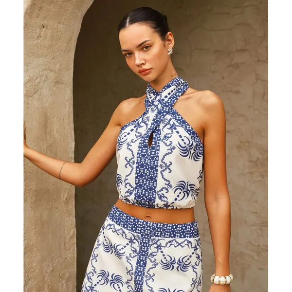 NWT COMMENSE Blue White Printed Palm Tropical Halter Crop Top Womens Large - Image 9