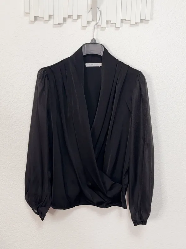 Miss Sparkling Black Satin Surplice Wrap Blouse Draped Long Sleeve Elegant Top - Image 2
