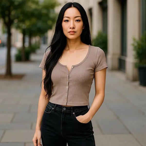 Brandy Melville John Galt Womens Top‎ Taupe Ribbed Button Up Zelly Y2K Cropped - Image 2