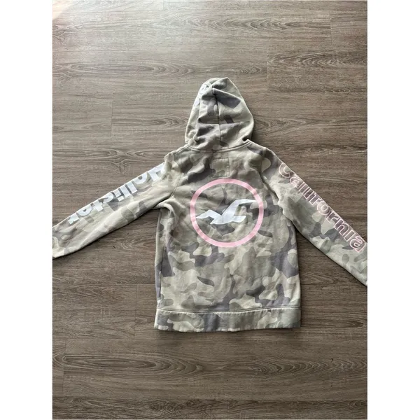 Hollister Womens Pullover Hoodie Small Gray Camo Pink Logo Sleeve Graphic Fleece - Image 9
