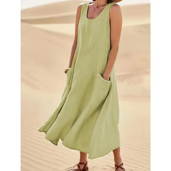 Sleeveless 100% Cotton Midi Dress with Pockets Light Green size 14 - Image 2