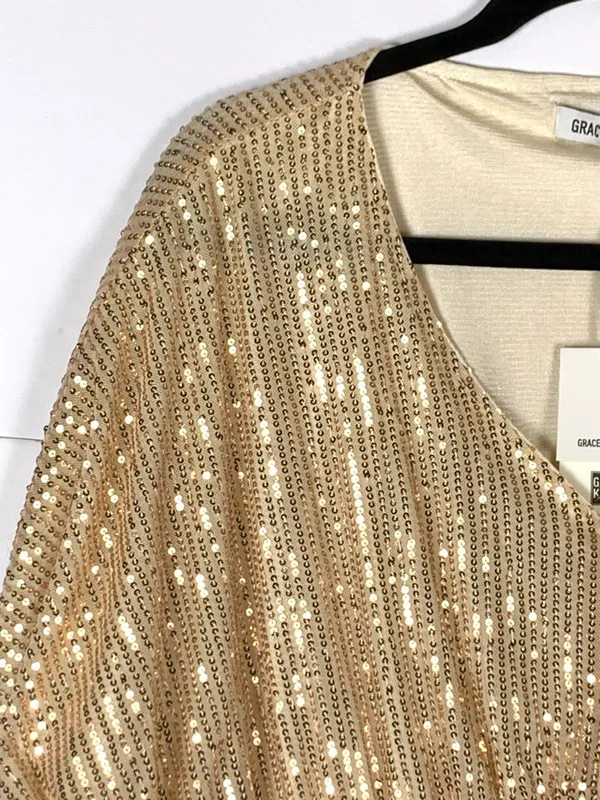 Grace Karin Womens Top 1XL Gold Sequin V Neck Batwing Peplum Party Blouse - Image 3