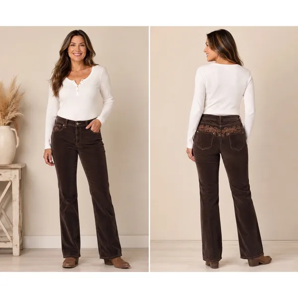Reba Womens Brown Corduroy Bootcut‎ Pants Embroidered Studded Western Size 10 - Image 2