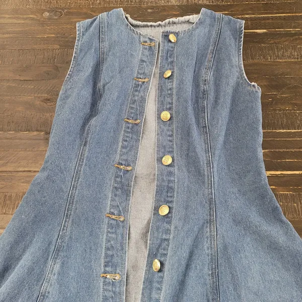 SHEIN Blue Denim Mini Dress Sleeveless Gold Button Womens Medium 6 - Image 3