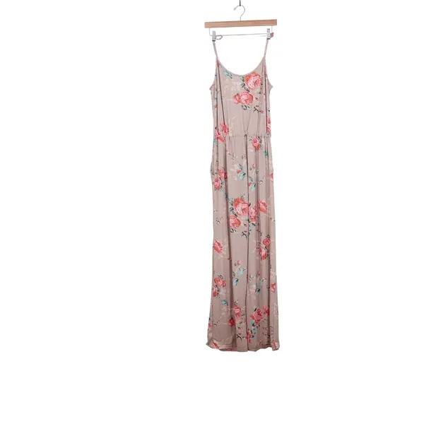 Floral Wide Leg Jumpsuit Mauve Pink Rose Print Spaghetti Strap Pockets Large - Image 8