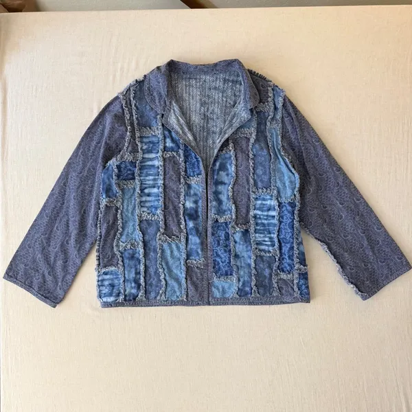 Handmade Patchwork Jacket Women L Blue Quilted Rag Style Artisan Boho Chore Coat - Image 2