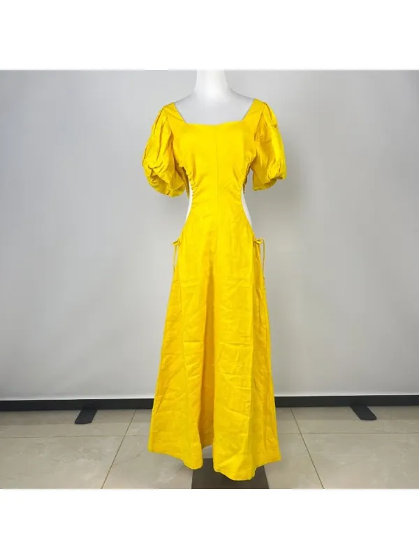NWOT Farm Rio Linen Puff-Sleeve Cutout Midi Dress Yellow Size S - Image 4