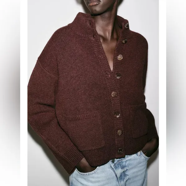 Zara NWT brown button front knit sweater cardigan bomber jacket - Image 6