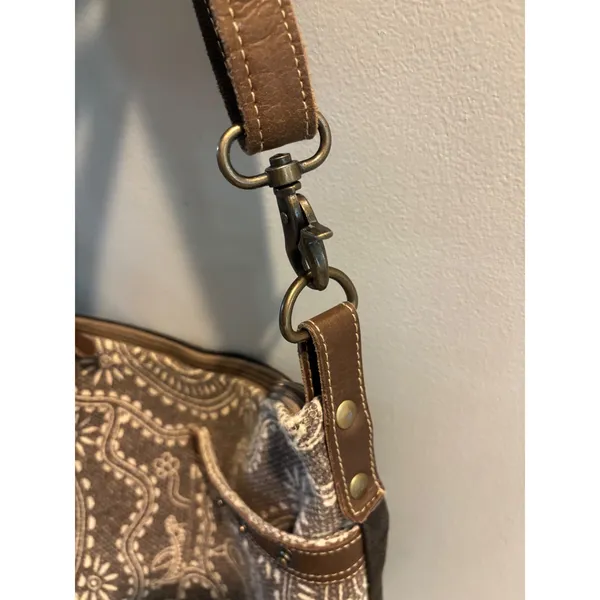 Myra Bag Canvas Leather Paisley Crossbody Shoulder Bag Boho Brown Gray - Image 3