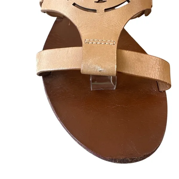 Tory Burch Zoey Leather Sandals‎ Tan Cutout Logo Flat Size 8 - Image 7