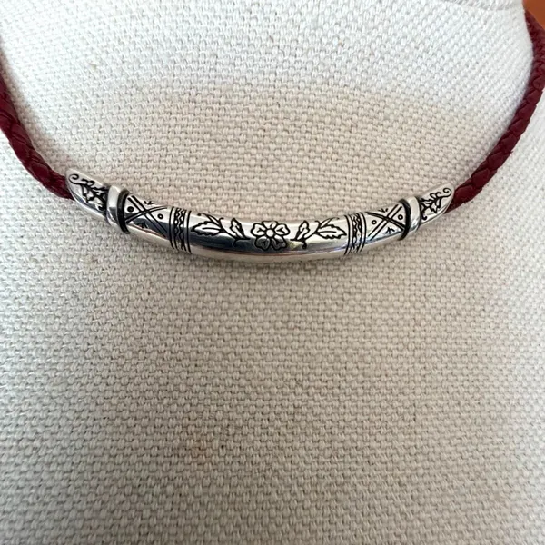 Brighton Red Braided Leather Necklace & Bracelet Set Silver Tone Floral - Image 5