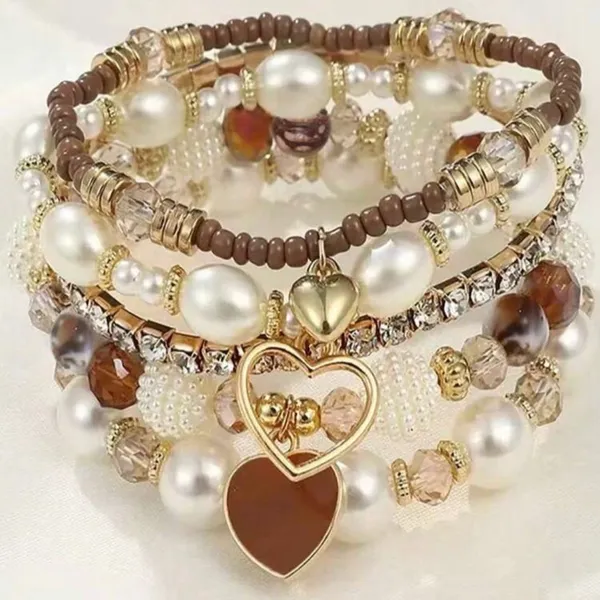 Boho Pearl & Crystal Heart Charm Bracelet Stack (5 Pieces) Gold - Image 3