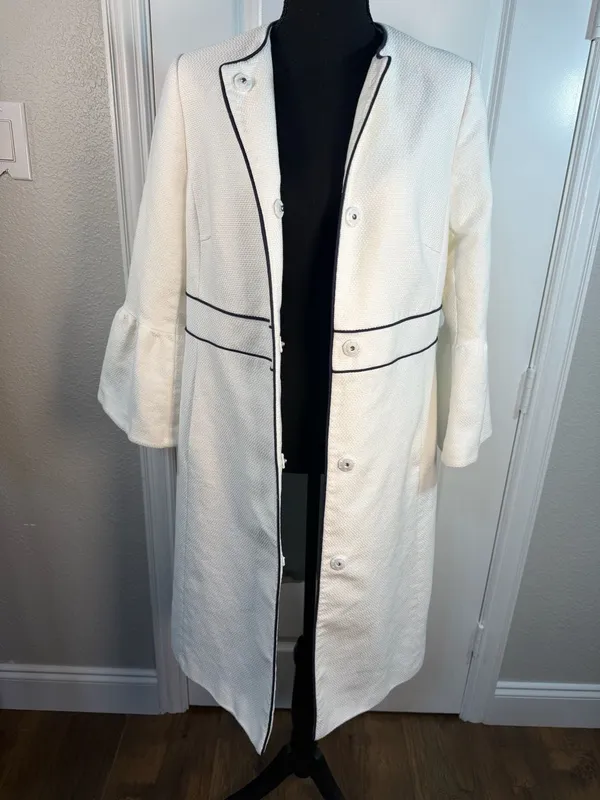 Boden Kaley Tweed 3/4 Bell Sleeve Trench Coat Preppy Jacket White US 8 - Image 9