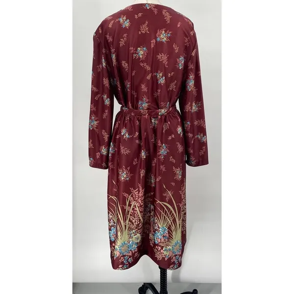 Vintage 70s Floral Print Matching Skirt Set Button Neck Tunic Midi Maroon Small - Image 7