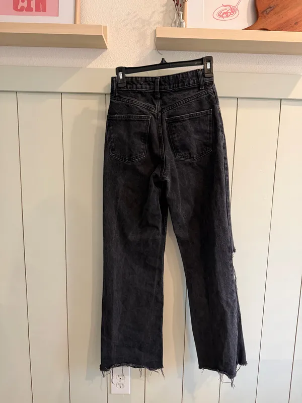 Zara Washed Black Raw Hem Flared Leg Jeans Denim Pants Distressed - Image 2