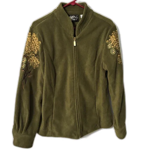 Bob Mackie Wearable Art Olive Embroidered Fleece Jacket Women's Medium Zip - Image 6