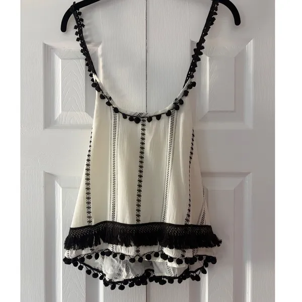 Tularosa Ivory Black Embroidered Pom‎ Pom Tassel Camisole Top XS Boho - Image 2