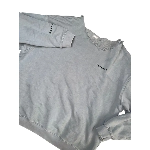 YoungLA Sweatshirt Women Large Blue Gray Good Distressed Raw Neck‎ 525 MMXIV - Image 2