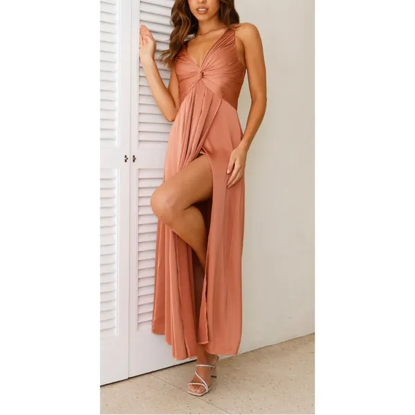 Hello Molly Piece Of Your Love Satin Maxi Dress Rust Coral Peach Pink 2 - Image 2