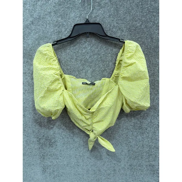 Zara Women Crop Top XS Yellow Gingham Puff Sleeve Front Tie Smocked Back - Image 4
