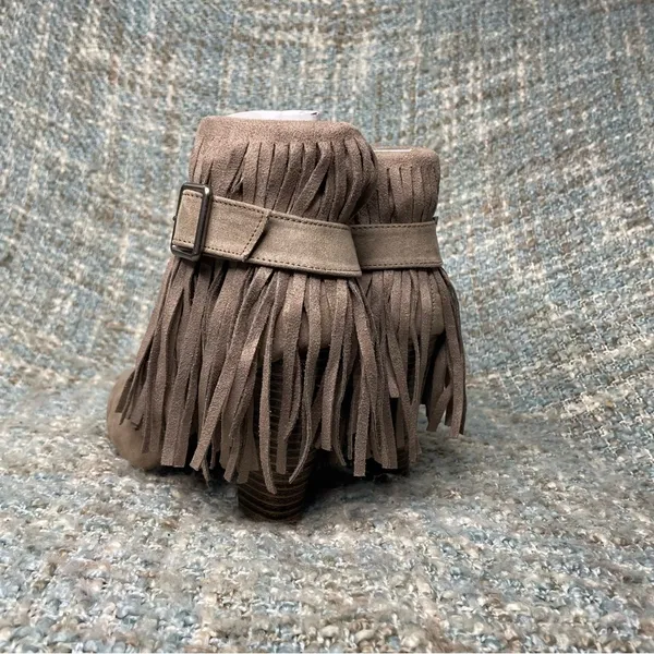 Qupid Women Almond Toe Belted Fringe Ankle Bootie in Taupe - Image 3