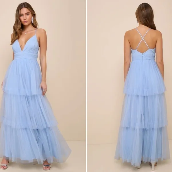 LULU's Prom Sexy Tiered Ruffles Boho Chic Blue Maxi Dress NWOT - Image 2