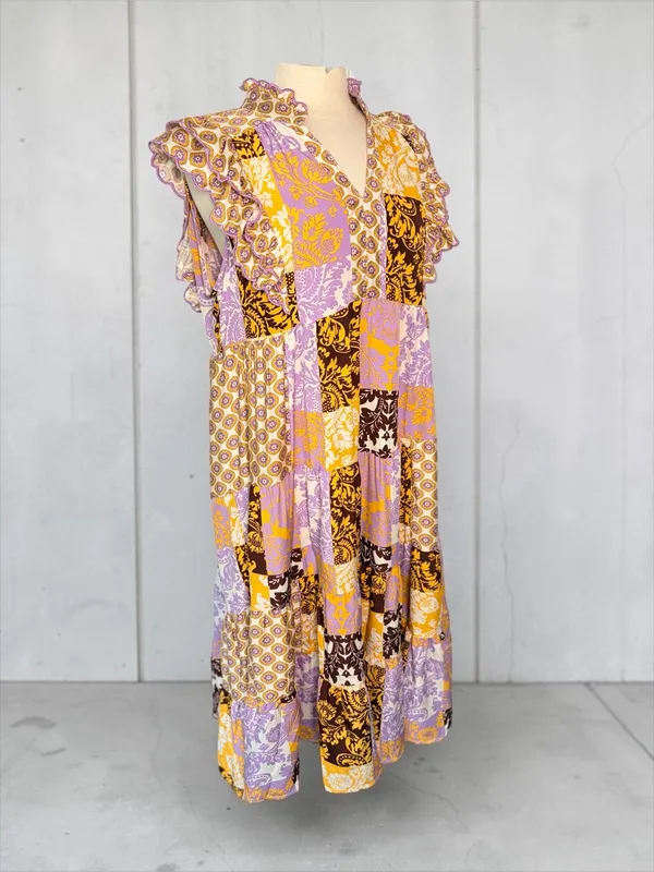 UMGEE Scarf Print Midi Shift Dress, Large, Ruffle Sleeves Boho Cottagecore - Image 7