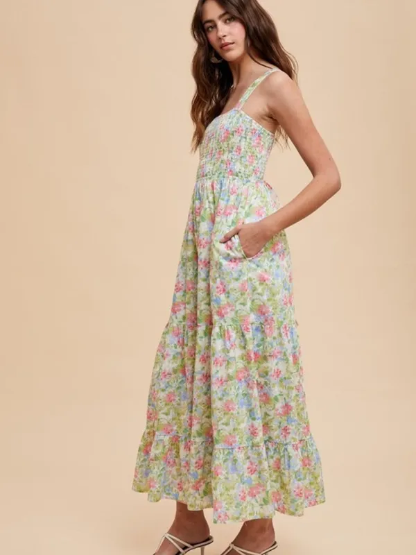Floral Smocked Tiered Midi Dress Pink Blue Green Print Small - Image 5