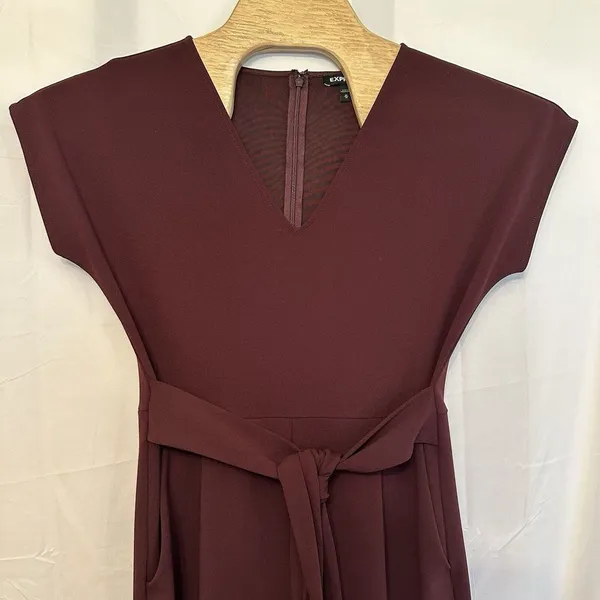 Express Medium Jumpsuit Full Length‎ Burgundy Short Sleeve Pockets Bow Tie Front - Image 2