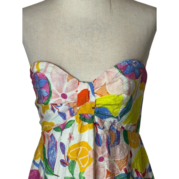 FORE Maxi Dress Women Large White Yellow Strapless Fruit Floral Tie Back Boho - Image 5