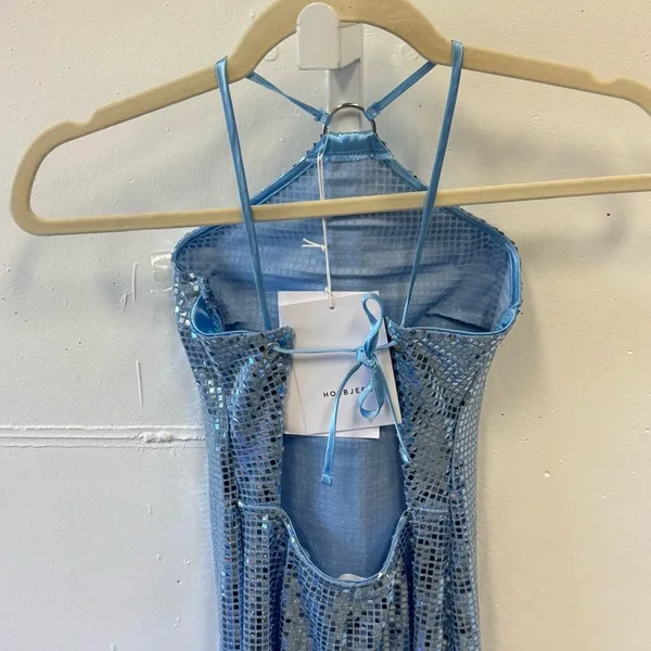 NWT Hosbjerg Sequin‎ Melina Halter Bodycon Midi Dress Winter Sky Blue XS Stretch - Image 7